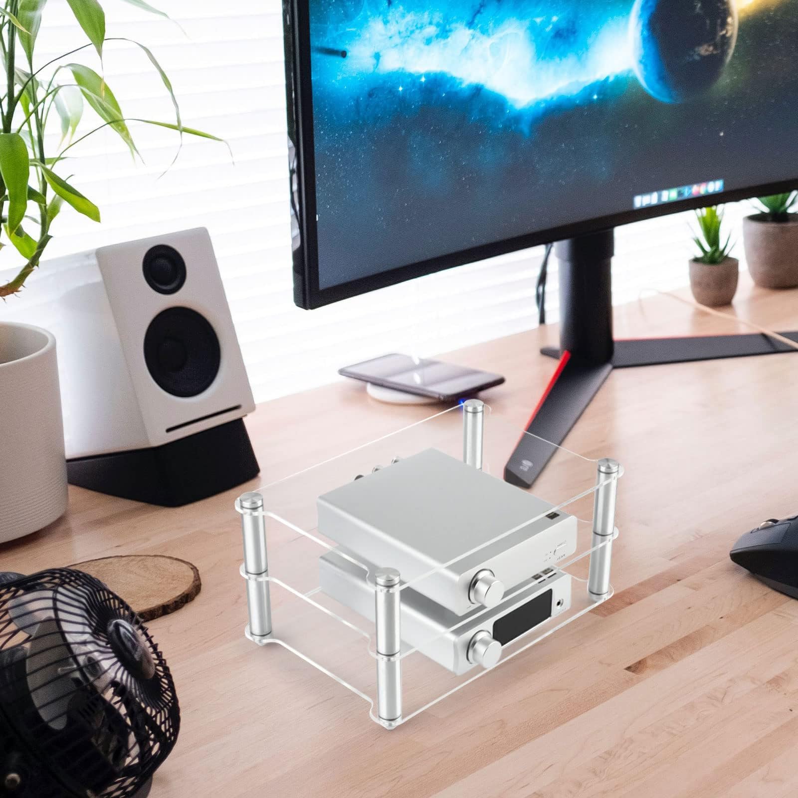 Supporto da tavolo nero in acrilico a 3 livelli per decoder via cavo, lettori DVD, TV Box e router, piccolo organizer moderno per sistemi di intrattenimento domestico