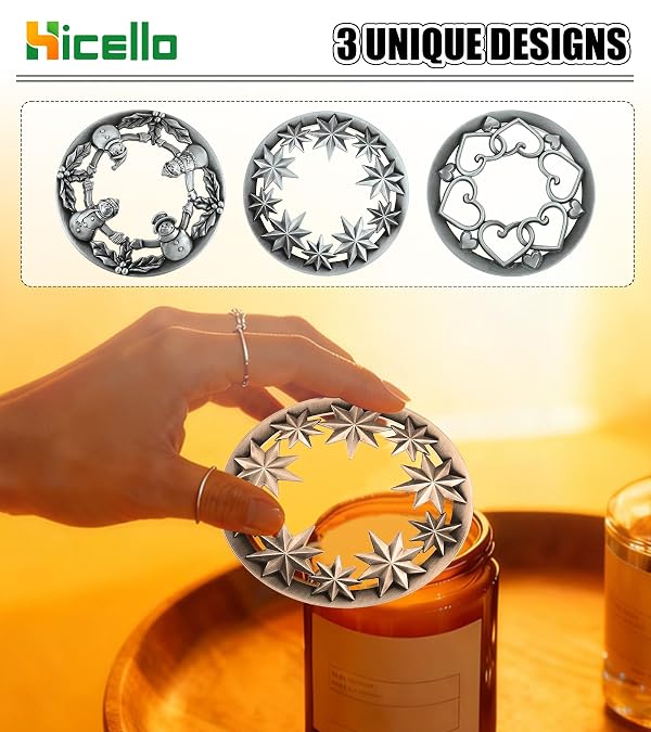 Hicello Holiday Candle Toppers for Jar Candles - Set of 3 Silver Metal Lids with Star, Heart & Snowman Design, Fits 80mm Jars, Christmas Candle Covers Gift (3 Pack, 80mm) by Hicello - Image 6