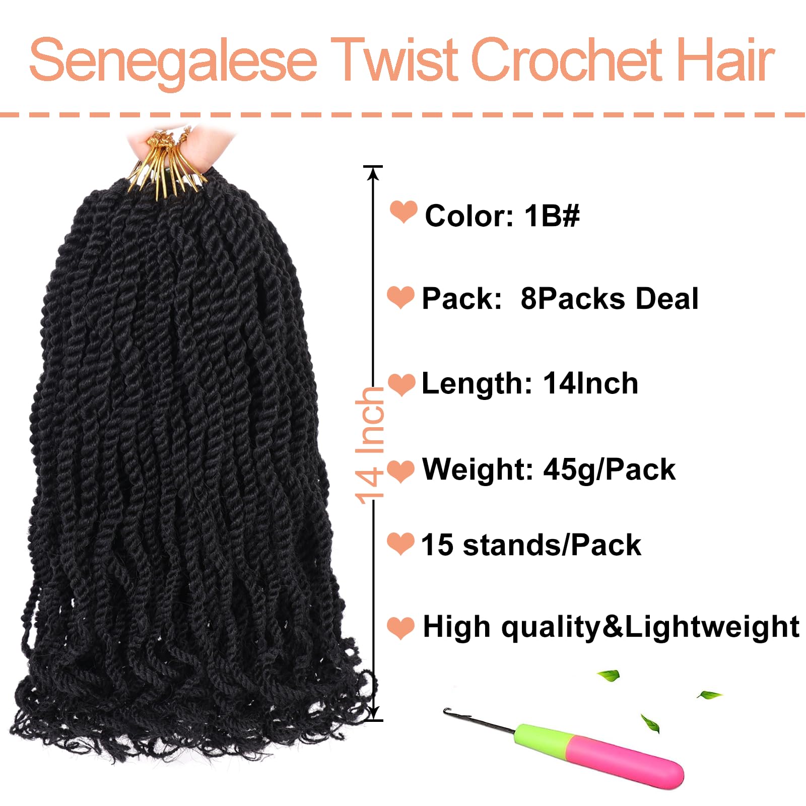 Mscat 14 Inch Wavy Senegalese Twist Crochet Hair 8 Pack Synthetic Short Pre Looped Kids Crochet Braids with Curly Ends Pre Twisted Small Havana Twist Braiding Hair for Black Women 1B# - Image 2