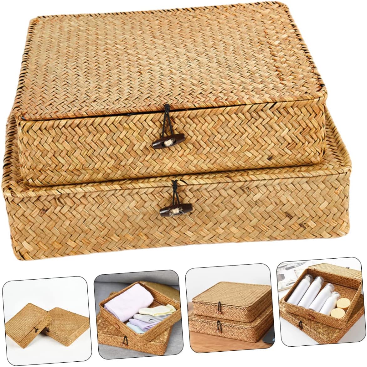 2pcs Woven Seagrass Storage Baskets with Lid Small Organizer Bins for Home Kitchen and Snack Storage Design for Decluttering