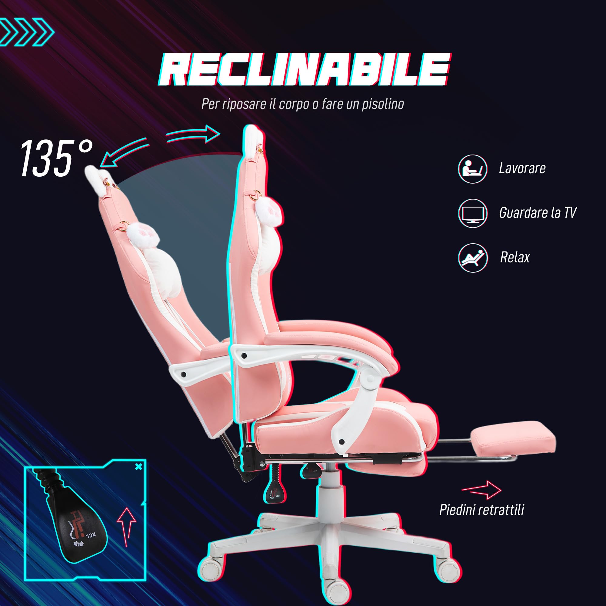 HOMCOM Sedia Gaming Ergonomica con Orecchie da Gatto, Poltrona Gaming Ufficio Reclinabile in Finta Pelle con Poggiapiedi, Poggiatesta e Altezza Regolabile, Supporto Lombare e Cervicale, Rosa