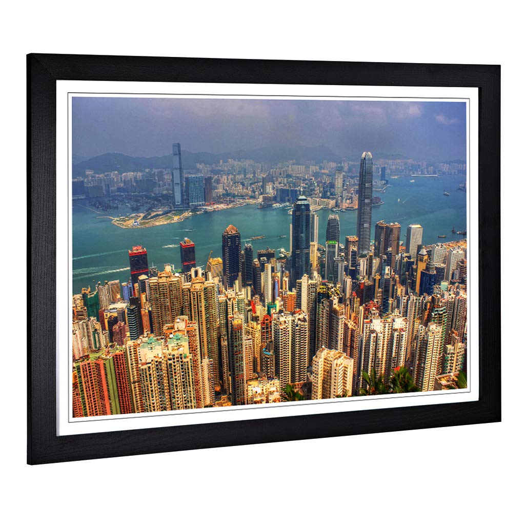 Big Box Art Framed Print of Hong Kong City Skyline China (2) Design | Wall Art Picture | Home Decor for Kitchen, Living Room, Bedroom, Hallway, Black, A2 / 24.5x18 Inch / 62x45cm