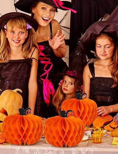 Miniatura 7 de 12 piezas de decoración de papel de panal de calabaza de otoño, calabazas de Acción de Gracias, centros de mesa colgantes de calabaza y panal, bolas