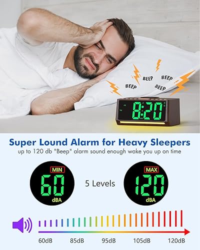 Miniatura 5 de Reloj despertador digital retro para dormitorios con números grandes, reloj de escritorio con estación de carga inalámbrica, 7 luces de estado de
