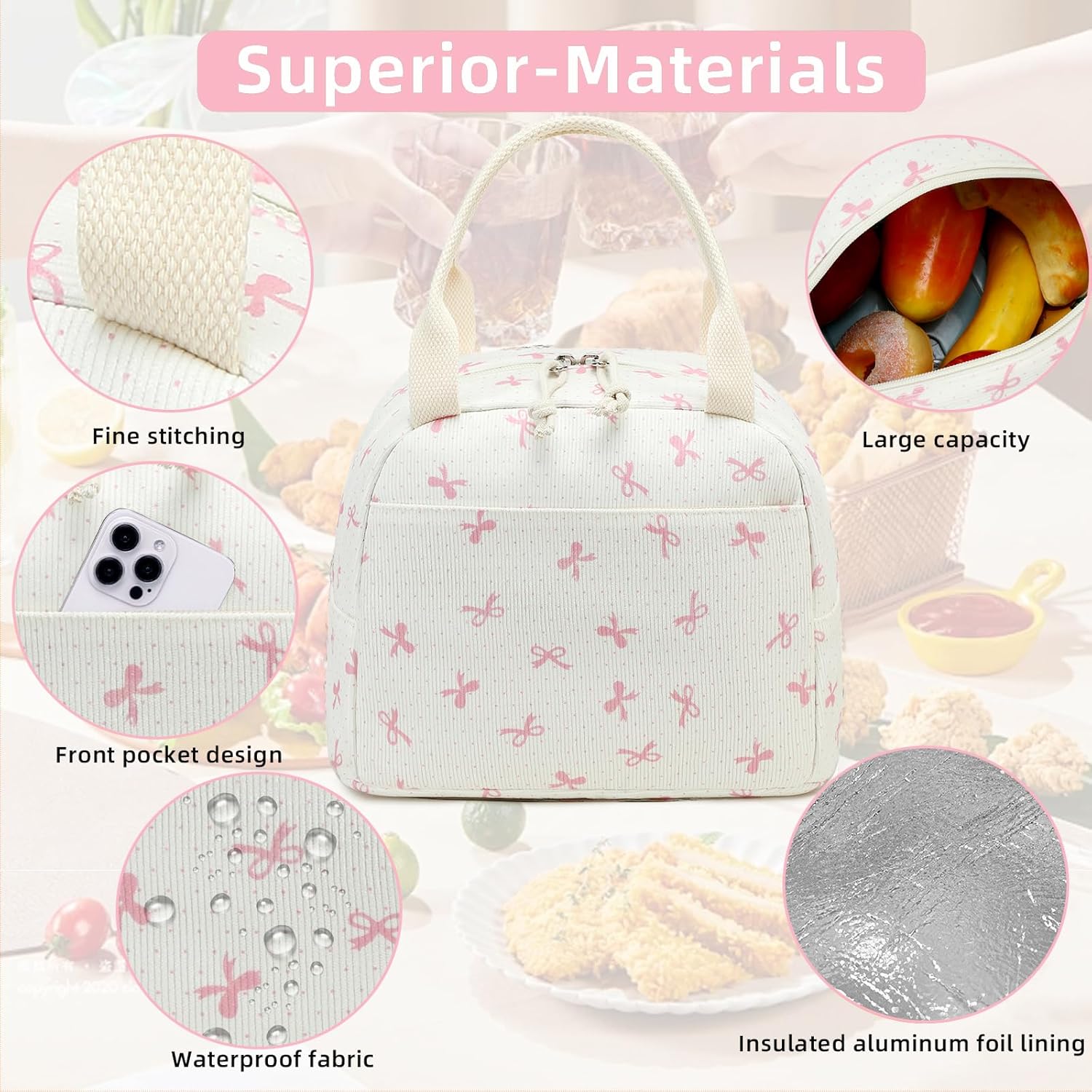 LEDAOU Lunch Box for Women Insulated Lunch Bag Corduroy Lunch Tote Bags Leakproof Cooler Lunch Case for Travel Work Picnic (Pink Bow) - Image 7