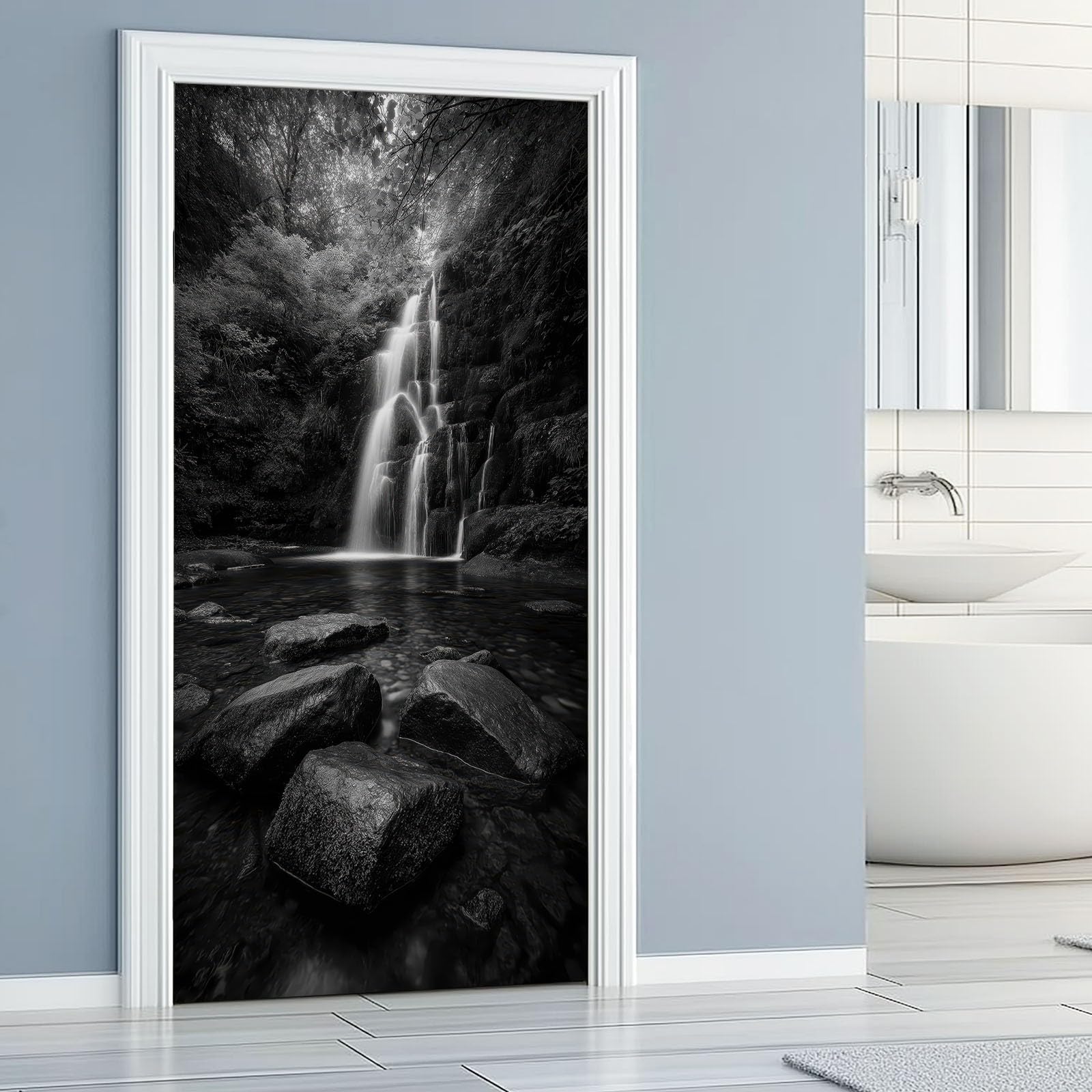 Ciemny las, wodospad, tapeta na drzwi, samoprzylepna, naklejka na drzwi, 80 x 210 cm, naturalny krajobraz PCW, plakat na drzwi, naklejka ścienna, czarna fototapeta na drzwi, folia samoprzylepna do