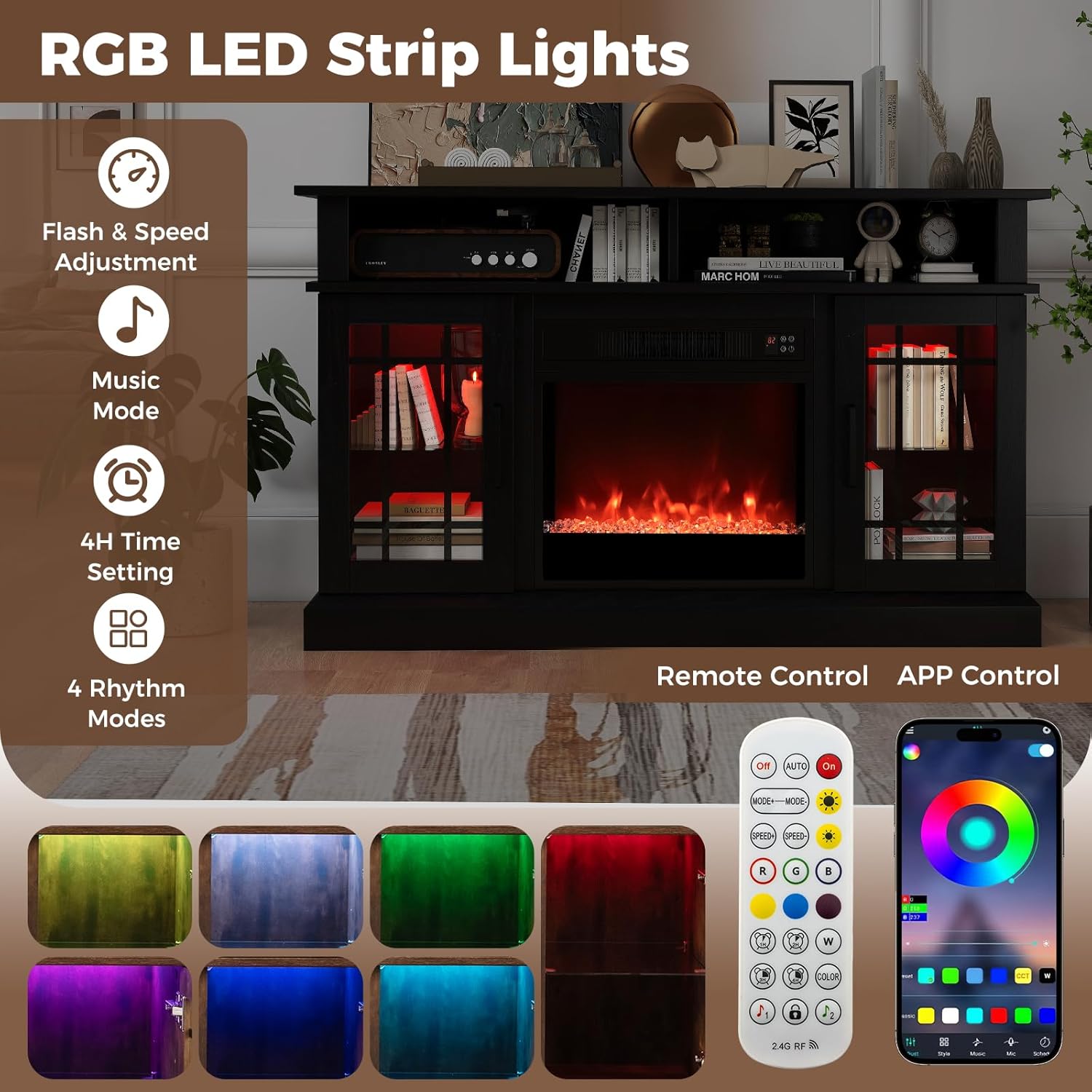Image showing the SIMOE Electric Fireplace TV Stand with RGB LED strip lights illuminated, alongside the remote control and a smartphone displaying the control app interface. Details on flash & speed adjustment, music mode, 4H time setting, and 4 rhythm modes are shown.