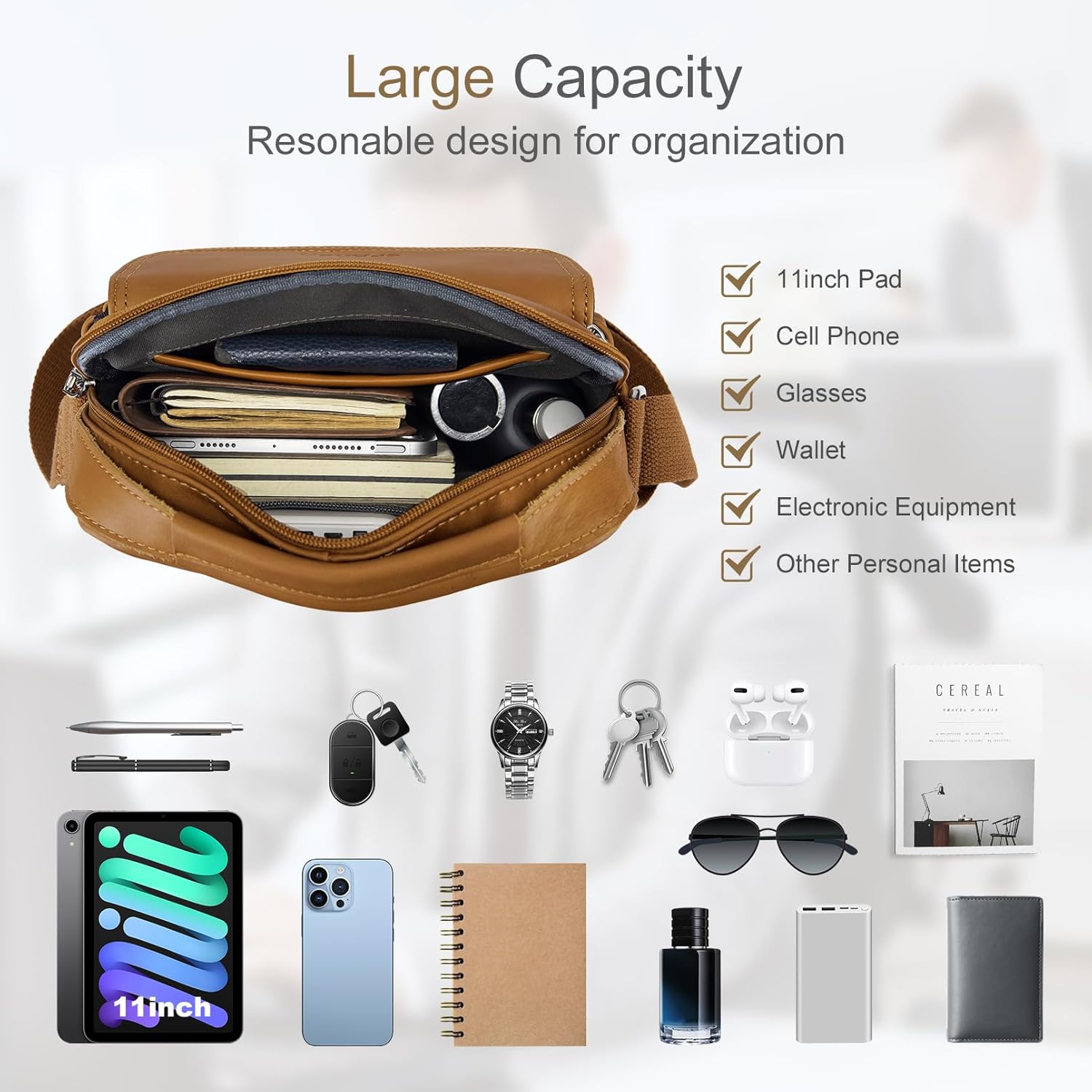 Men's Leather Crossbody Shoulder Bag - Messenger Satchel Travel Handbag - Image 3