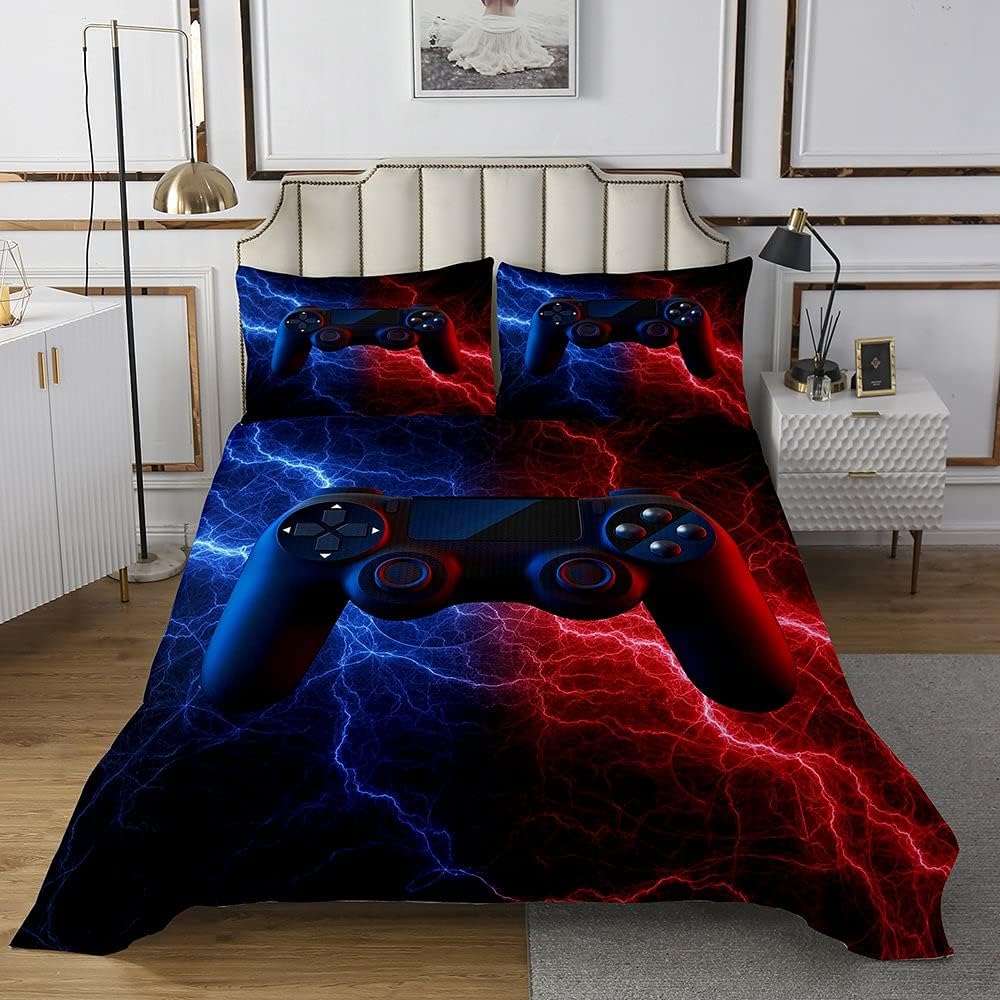 70% оƒƒ Dіѕсоunt Erosebridal Gamer Gaming Bedspread Set King Size,Lightnings Gamepad Coverlet Set,Video Games Bedding Set for Kid Teens Boys Man,Retro Game Machine Bedroom Decor 3 Pcs Bedspread Set,Red Blue