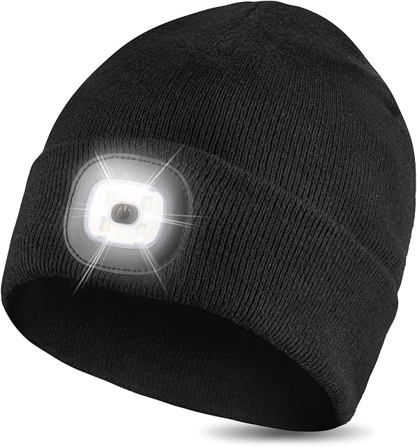 WEITOO Unisex 4 LED Lighted Beanie Cap, USB Rechargeable Running Hat Super Bright Hands Free Headlight Torch Hat, Headlamp Hat for Running HikingGifts for Men Women Dad