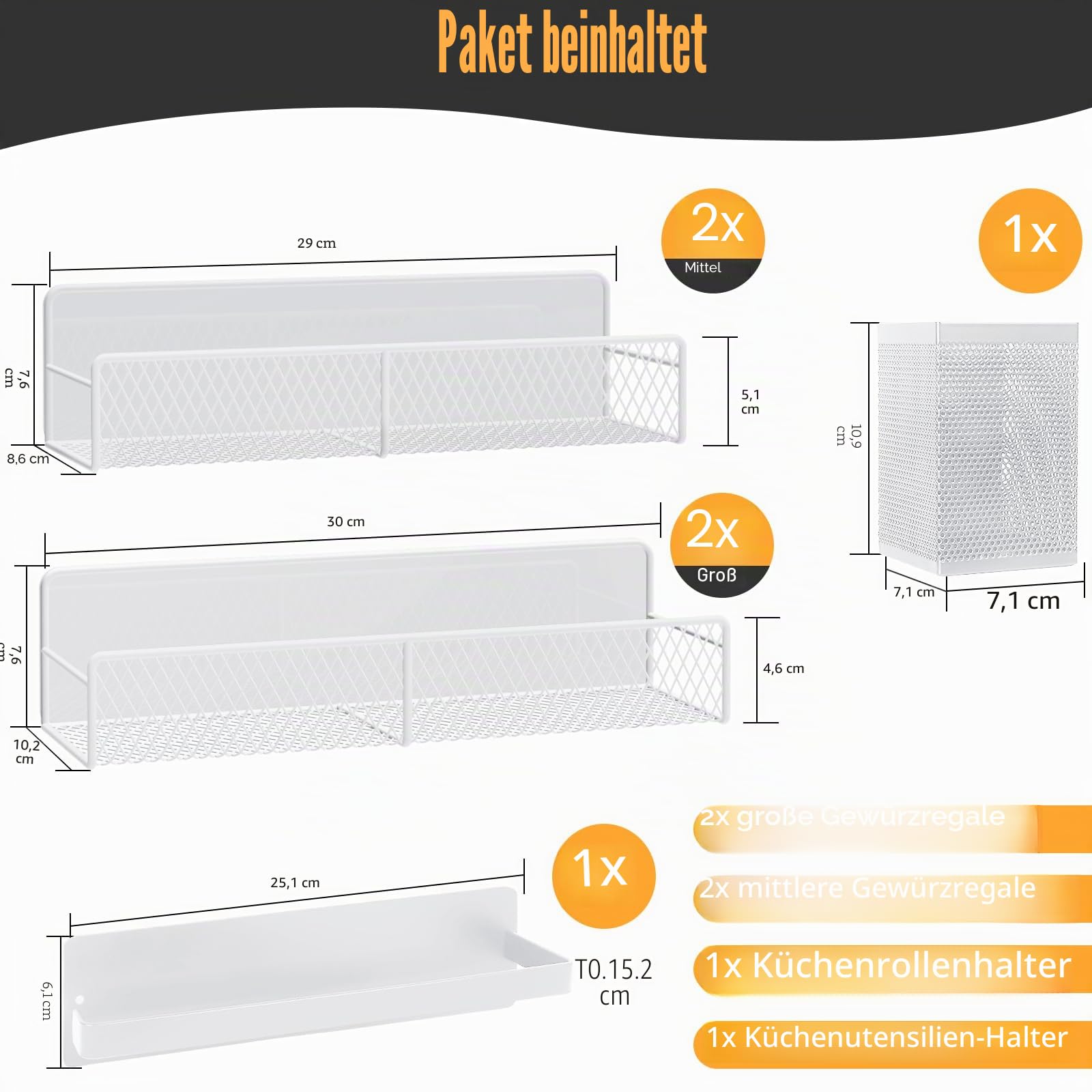 DTUQYX Magnetisches Gewürzregal, Kühlschrank-Organizer, 6 Stück, Metall, schwarz, magnetisches Regal mit Papierhandtuchhalter, Utensilienhalter, starke Magnete, platzsparend (Weiß, 6 Stück), HM5433