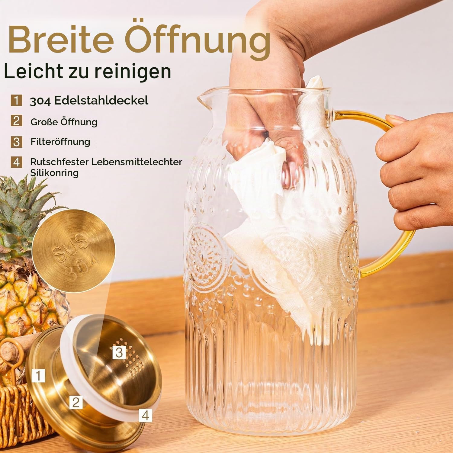Glaskaraffe Mit Deckel 2 Liter, 2 Stück Edelstahl Deckel und Tropffreier Ausguss, moderne Glaskaraffe für Selbstgemachte Getränke, Eistee, Kaffee, Milch, Wein