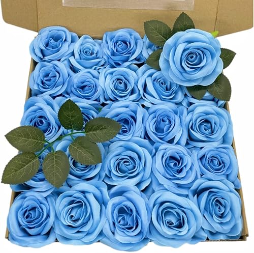 25 rosas artificiales de seda de color azul claro, rosas artificiales de tacto real con tallo de flores sintéticas, caja de regalo para bodas,