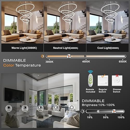 Miniatura 4 de Candelabro LED moderno, lámpara colgante de 3 anillos negra, lámpara colgante regulable y moderna para comedor, iluminación colgante LED