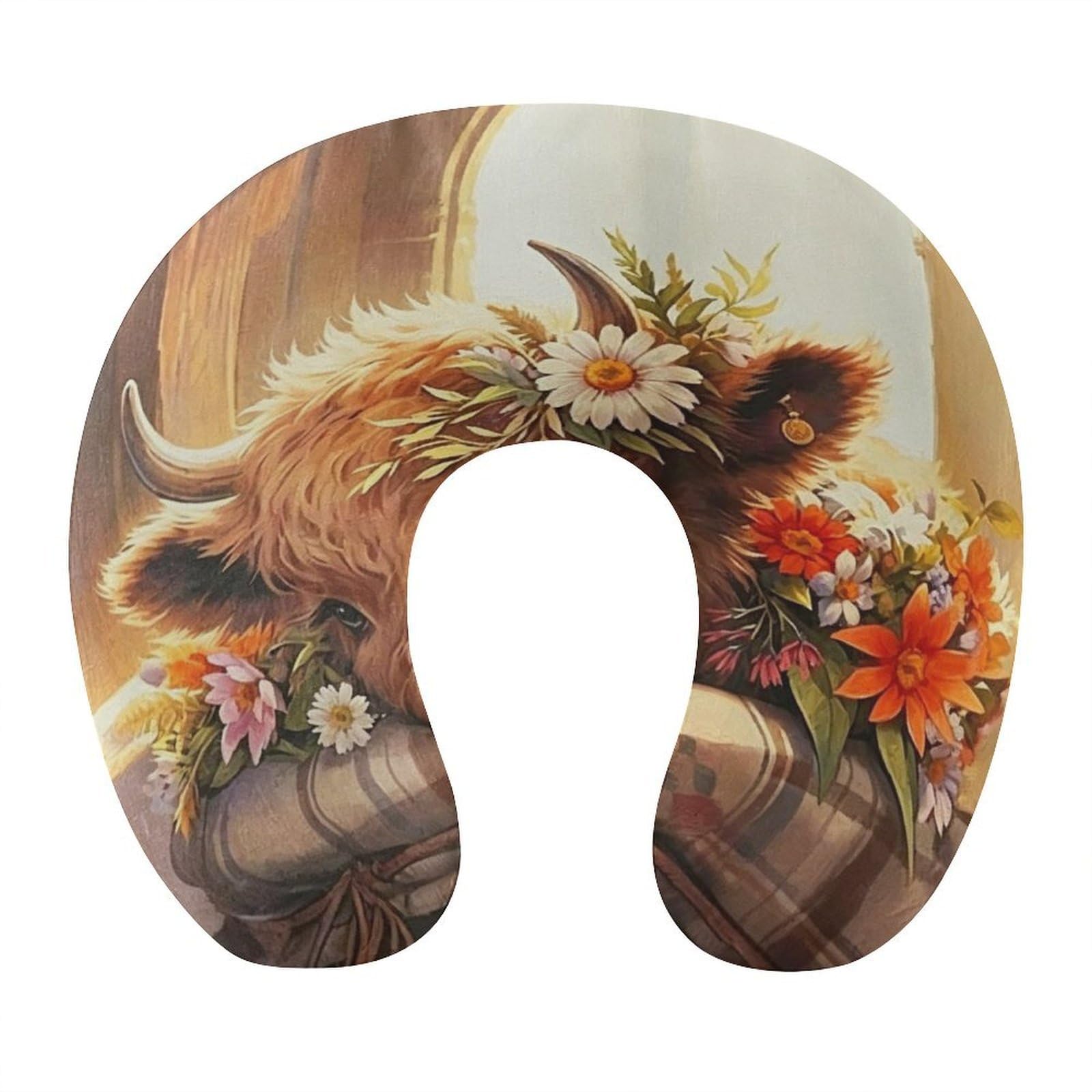 Btcowzrv Style Highland Cow With Flowers U Shaped Neck Pillow Travel Pillows