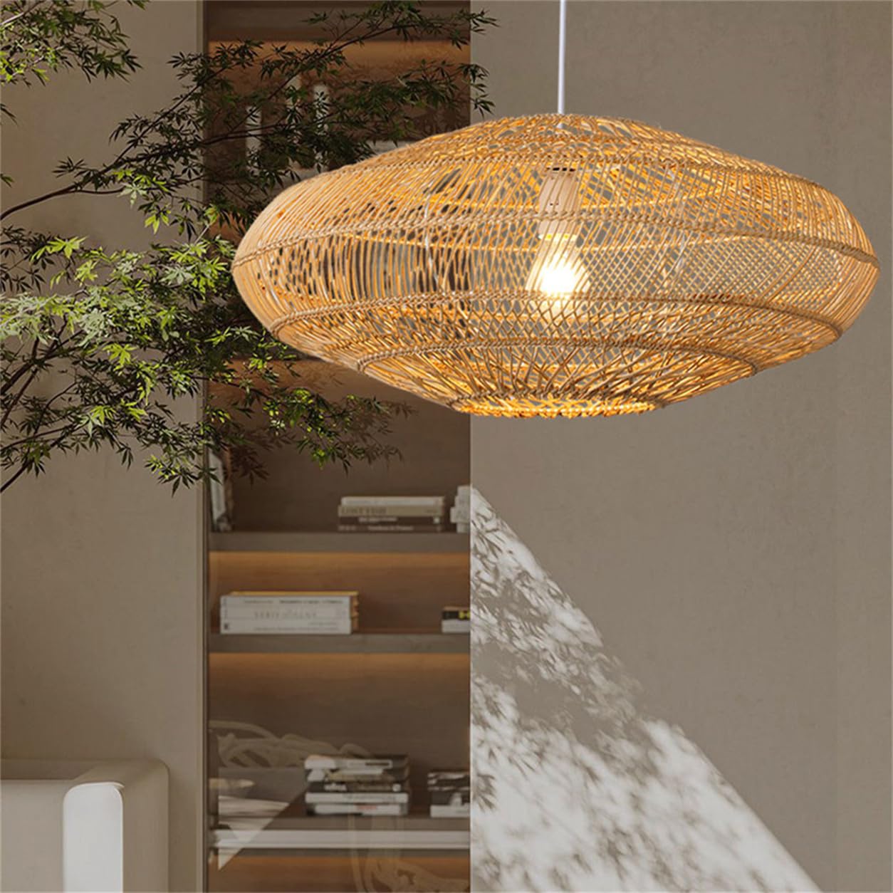 LQZCXMF 23.6" Rattan Basket Chandelier Coastal Dome Lantern Hanging Lights Boho Lantern Bamboo Wicker Zen Style Handmade Chandeliers E26 Socket for Dining Room Living Room Kitchen Island
