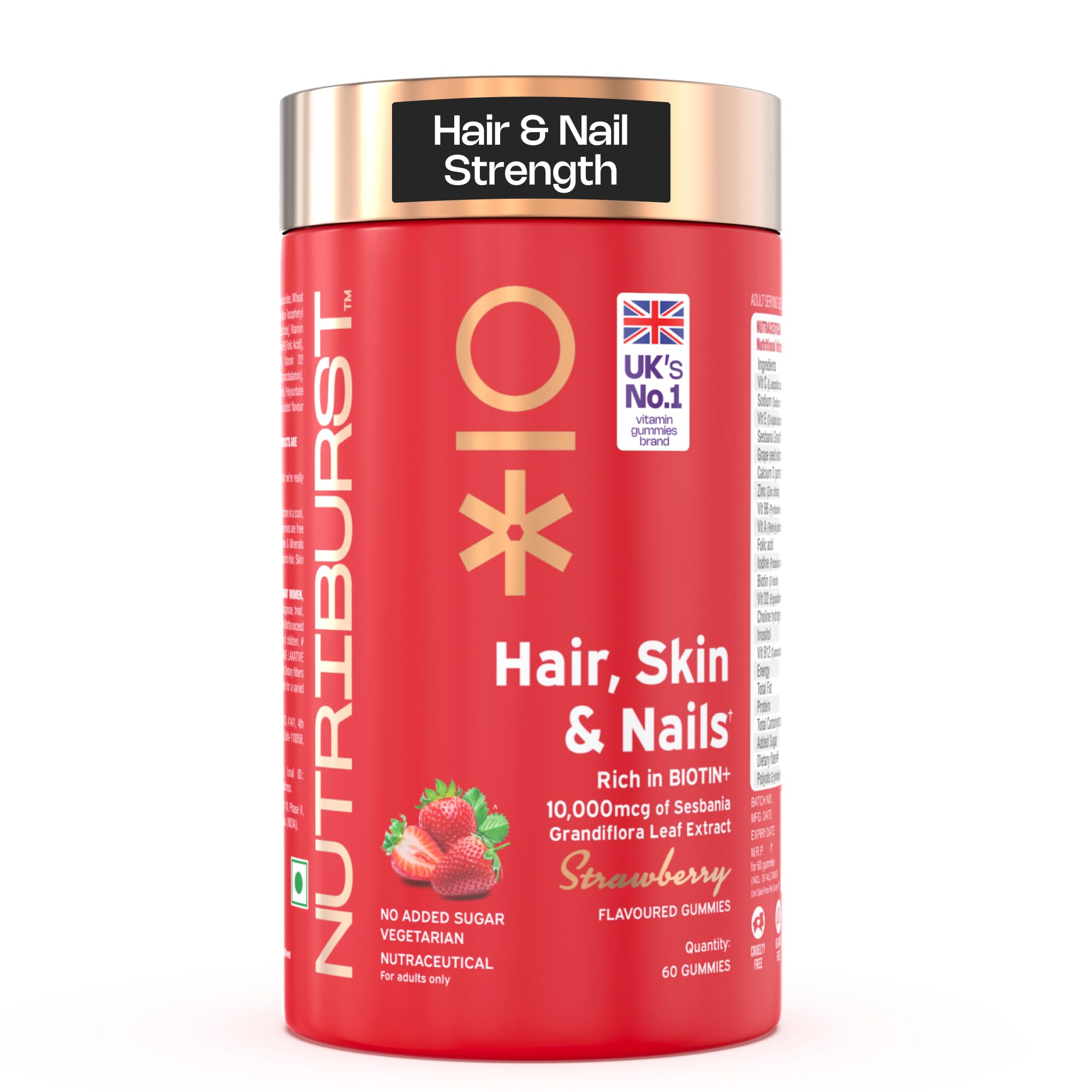 Biotin Gummies for Healthy Hair, Skin & Nails Growth | With High Potency 10000 mcg of Sesbania Extract Natural Biotin,Folic Acid & Multivitamins, No-Added Sugar, Strawberry Flavor|60 Gummy