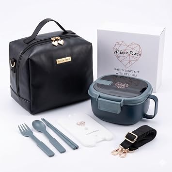 Microwave Ramen Bowl with Lunch Bag, Built-In Utensils & Ice Pack, Navy | Padded insulation, shoulder strap, fork, spoon & chopsticks, gift box, square 50oz, leakproof vented lid, BPA-free