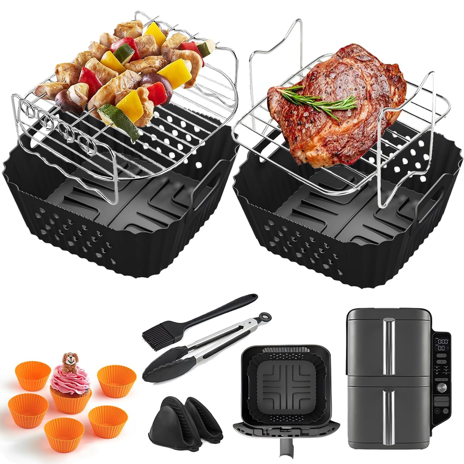 FryEasy Set Accessori Per Ninja Double Stack SL300UK, 2 Rivestimenti In Silicone, Guanti Termici E Pinze, Per Friggitrice Ad Aria 7.6L - 3