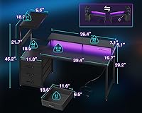 Vista 3 de AODK Escritorio para juegos de 52 pulgadas con puertos de carga USB y luz LED, escritorio reversible para computadora con estantes de almacenamiento