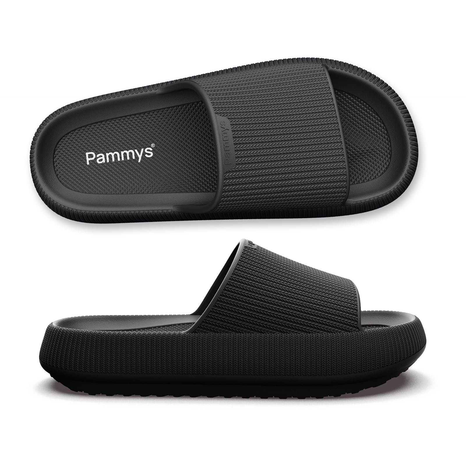 PAMMYS Originals Damen-Sandalen - Bequeme Sommer-Slides aus 100% Eva - Vegan & BPA-Frei - rutschfeste Badelatschen für Strand, Stadt, Garten & Pool - Schwarz - Größe 44/45