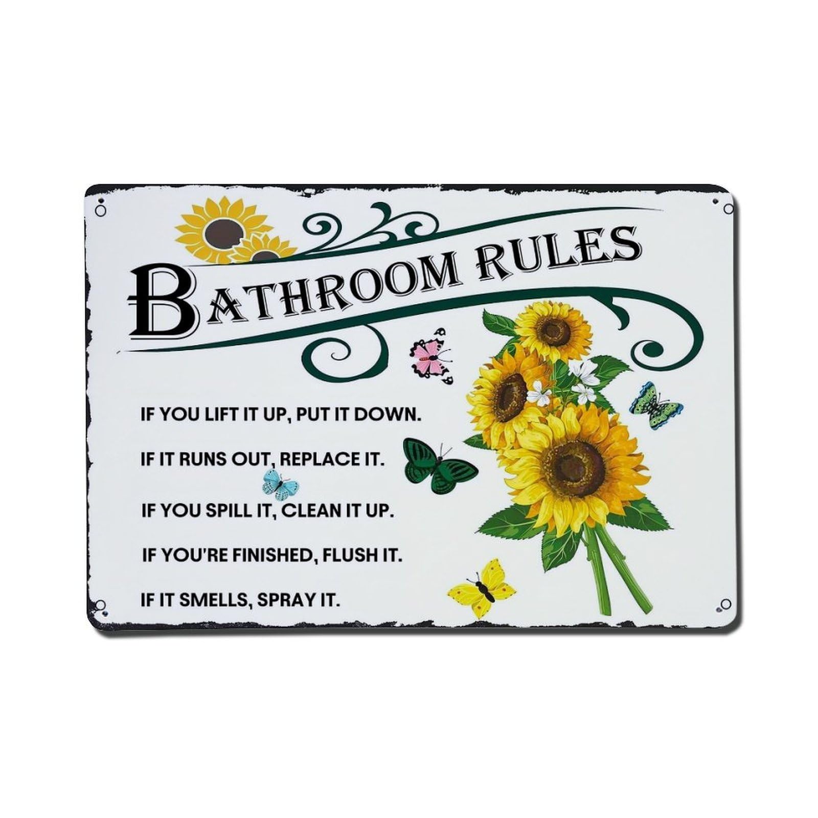 Sunflower Butterfly Bathroom Rules Sign Tin Sign Metal Poster Vintage Metal Signs for Home Man Cave Bar Cafe Kitchen laundry room Wall Decorations Gift 8x12Inch