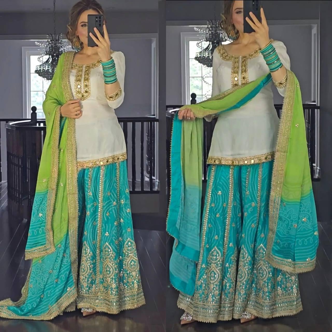Zoura Women's Cotton blend Embroidery Zari work Salwar Suit With Round Neck And 3/4 Sleeve with Dupatta & Sharara