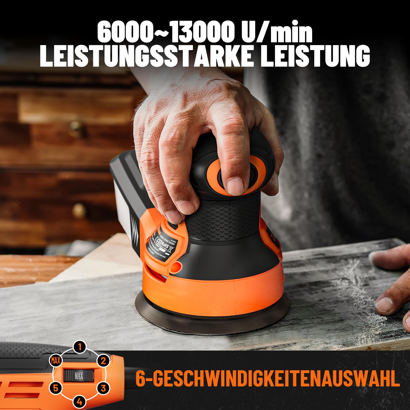 DOVAMAN ROS01A Exzenterschleifer 350W, 6-stufige Drehzahlregelung bis 13.000 U/min, 125mm Schleifmaschine, mit Staubabsaugung & 12 Schleifpapieren, für Holz- und Metalloberflächen