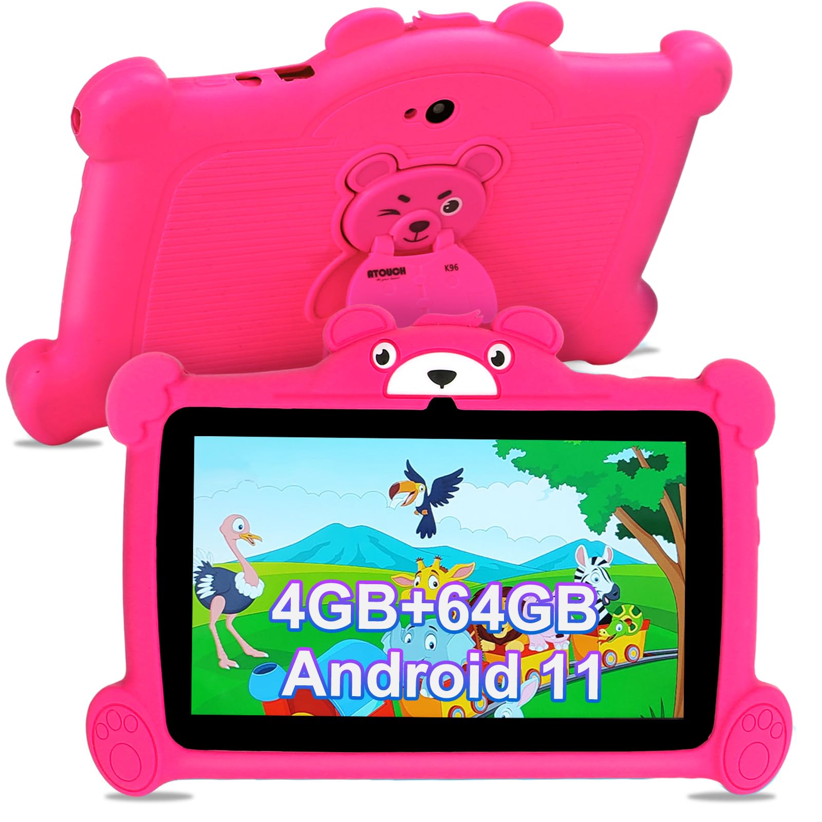 Discoball 7 Inch Kids Tablet with Android 11-4GB RAM+64GB ROM, Parental Control & Pre-Installed Apps Toddler Tablet for Kids Ages 3-12, Dual Camera, WiFi, Shockproof Case for Children