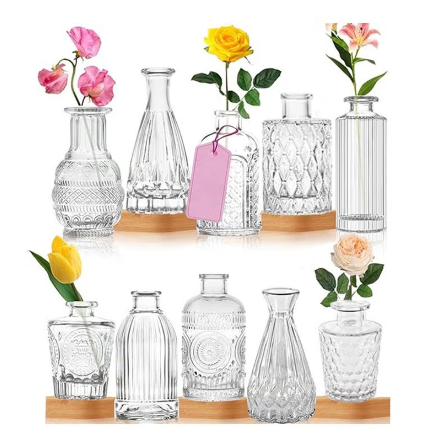 Ramadan Mini Glass Vases, Set of 10 Small Flower Vase, Retro Relief Bud Vases Embossed Vintage Glass Vase, Hydroponic Glass Vase for Festival Dinner Table Event Engagement Party Ramadan Decoration