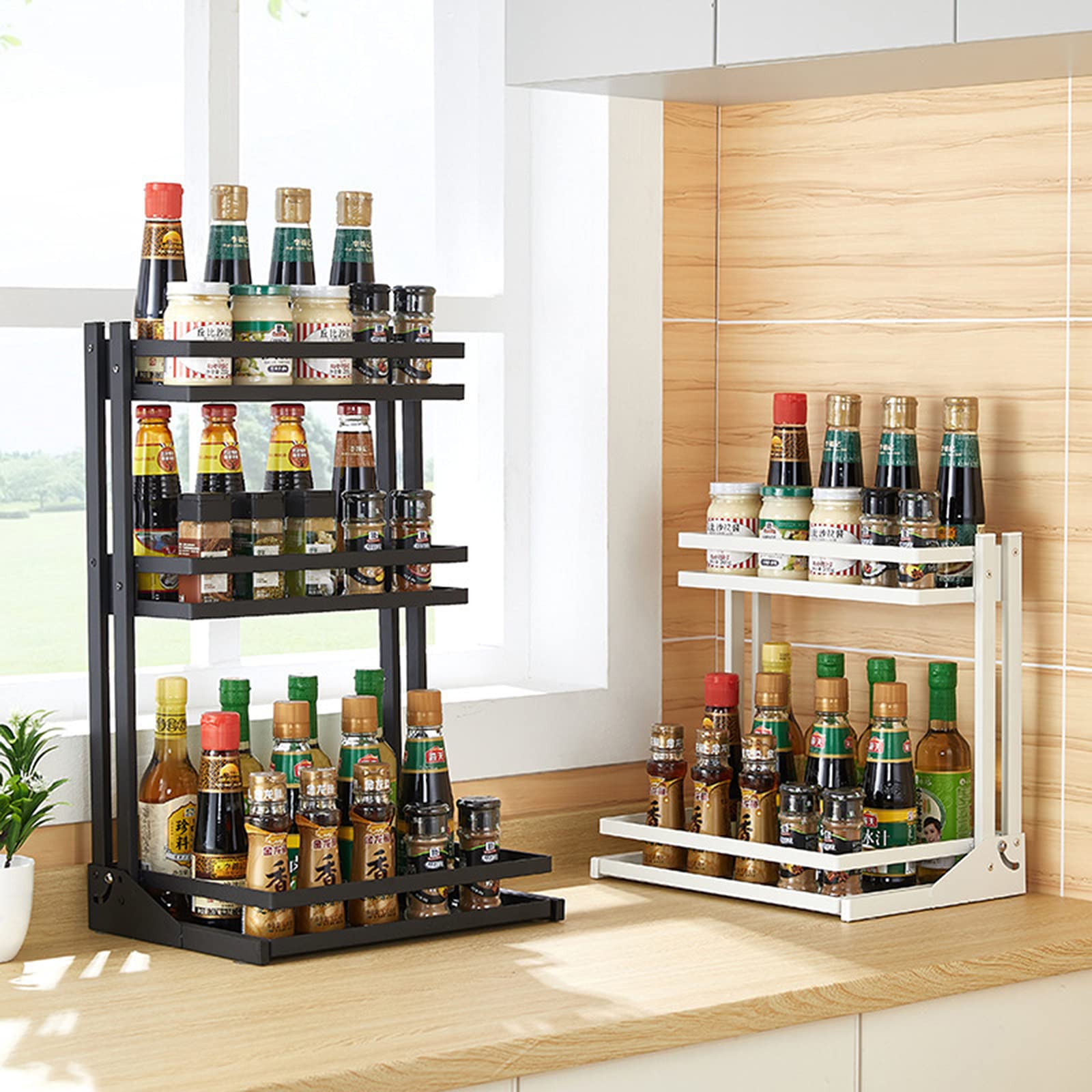 LDIW Soportes para Botes de Especias Estante de Almacenamiento de Encimera de Cocina, para Especias Condimentos, Jabones, Botelas, Frascos para Cocina, Baño, Dormitorio y Oficina,Negro,Second Floor