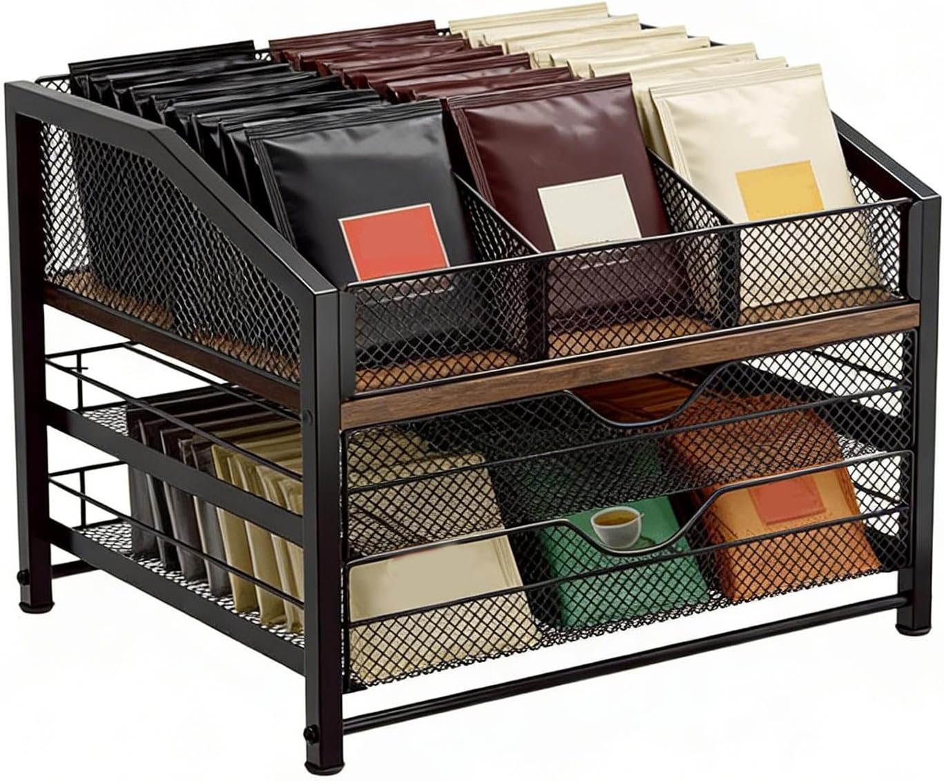 Coffee Pod Holder - 3-Tier Large Capacity Metal Wood Shelf - Coffee Pod Rack | for Drawer Counter Countertop Cabinet Desktop Wall Fridge Home Kitchen Bar Cafe Station