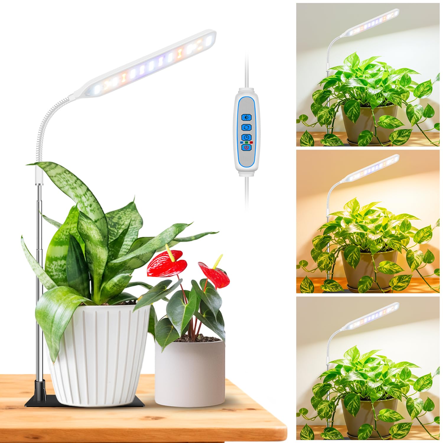 Wolezek Small Grow Lights for Indoor Plants with Base, Full Spectrum | 52 Red/Blue/White LEDs, Gooseneck, 6.5-26in Height, Timer & Dimming, with Base or Stake, for Small Plants, White, 1 Pack