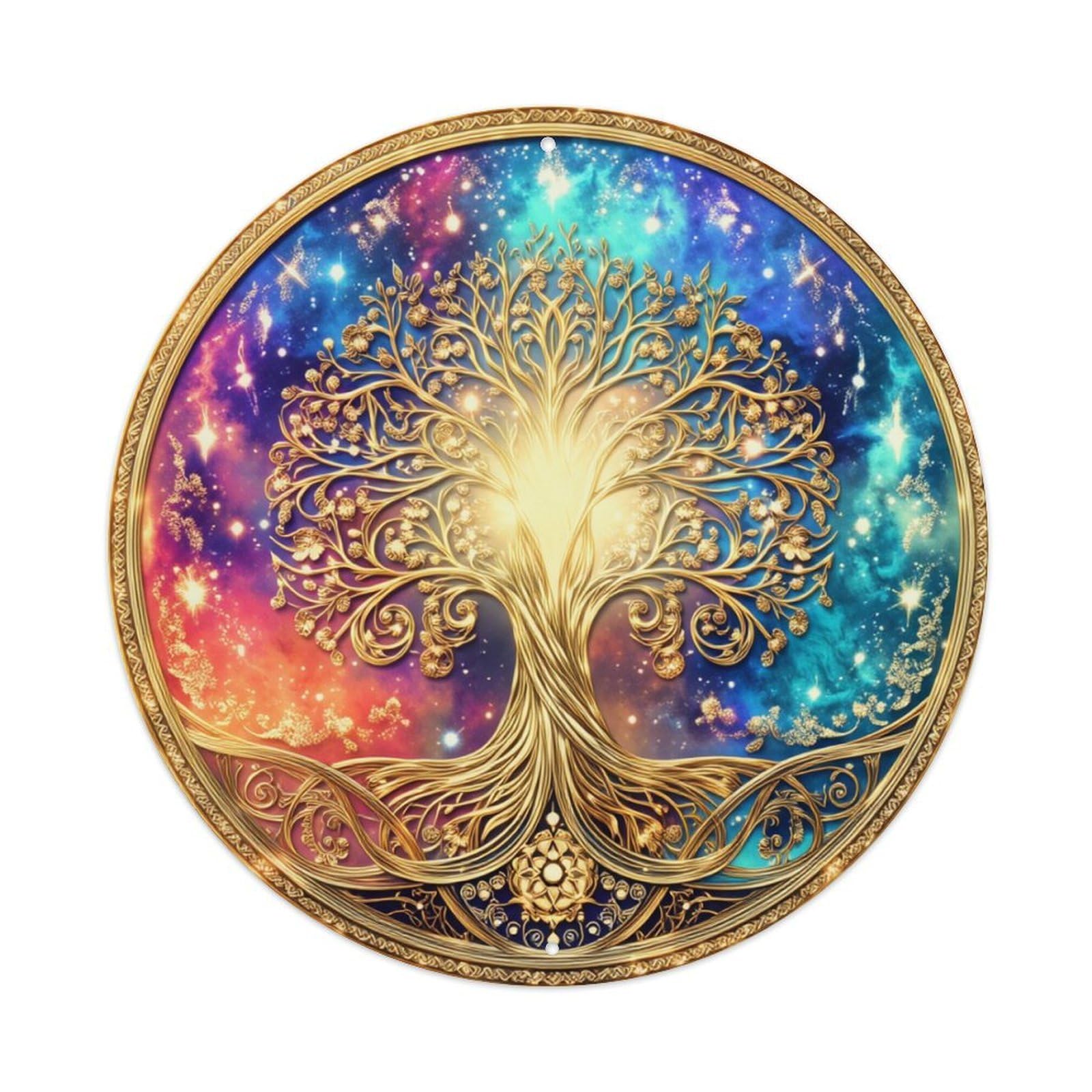 Golden Tree Cosmic Background Pattern Round Tin Sign Vintage Metal Poster, Home Bar Garage Man Cave Cafe Indoor & Outdoor Wall Decoration 8x8Inches