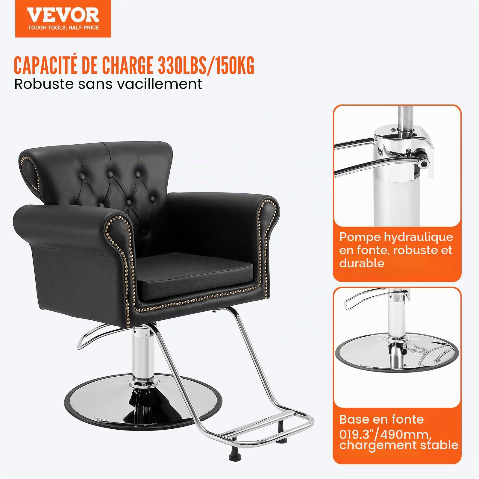 VEVOR Chaise de Coiffeur Hydraulique Fauteuil Salon Coiffure Pivotant 360° Charge 150 kg Hauteur Réglable 905-1060 mm Siège Barbier avec repose-pieds pour Salon Professionnel, Shampoing, Beauté, Noir