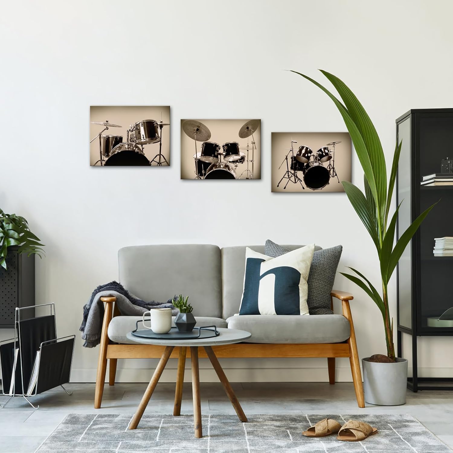iKNOW FOTO 3-Piece Drum Kit Canvas Wall Art – 12x16'' Gilded Vintage Drum Set Prints in Sepia, Retro Style Musical Instruments Painting for Living Room Decor