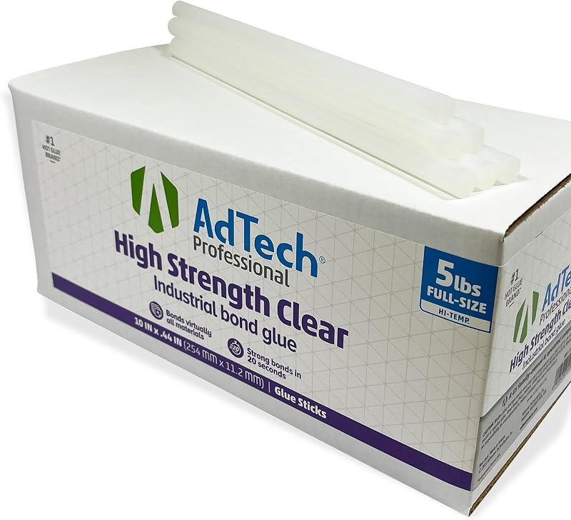 AdTech Professional High-Strength Industrial Bond Hot Glue Sticks – 10" Full Size, Clear, High Temp, Fast 20-Second Set Time, Strong Adhesion to Most Materials, 5 lb Box