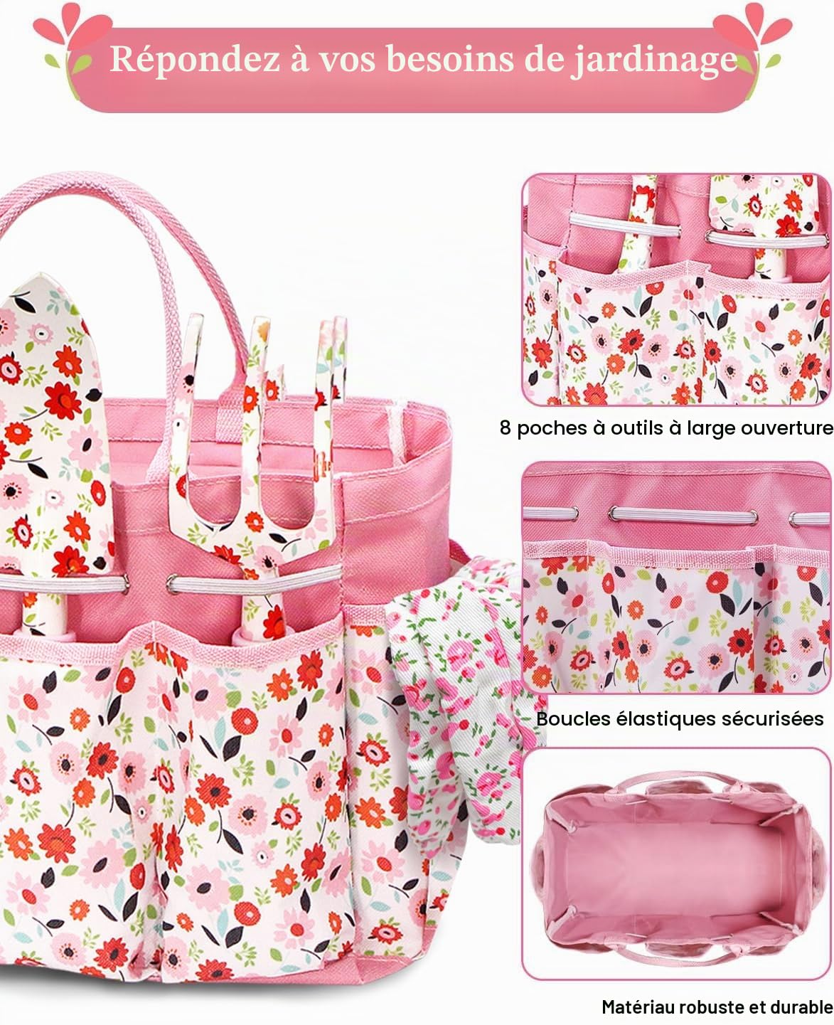 MQFORU Outils de Jardinage, Set Outillage de Jardin 11 pièces, Nouveau Set Complet kit Jardinage imprimés avec Sac d'outils de Jardin stylé, Cadeaux de Jardinage pour Femmes et Hommes