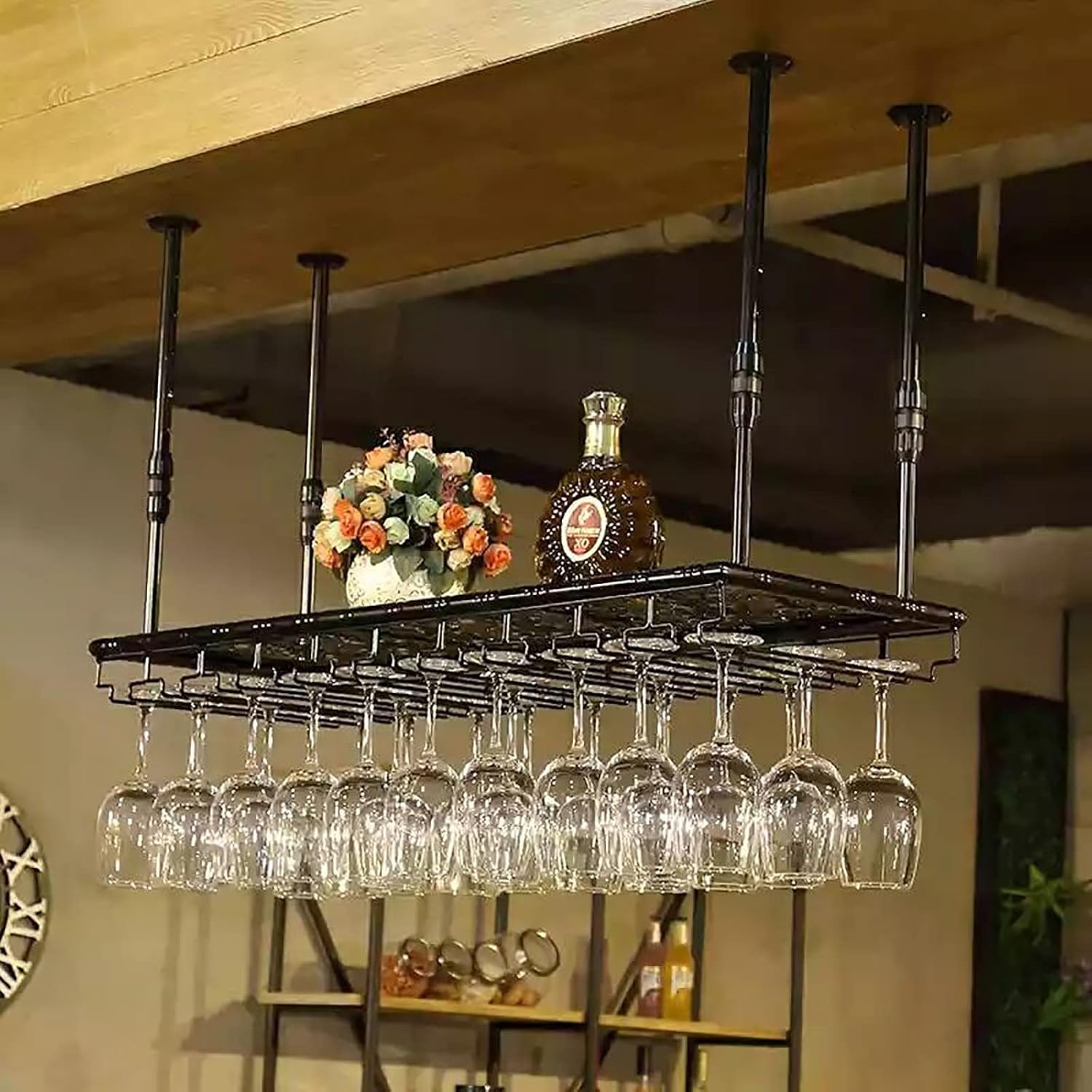 Hanging Wine Glass Holder Black Wine Rack - Industrial Retro Metal Wine Glass Hanging Holder Ceiling Decoration Floating Shelf,Adjustable Height,Bars Restaurants Kitchens Display R