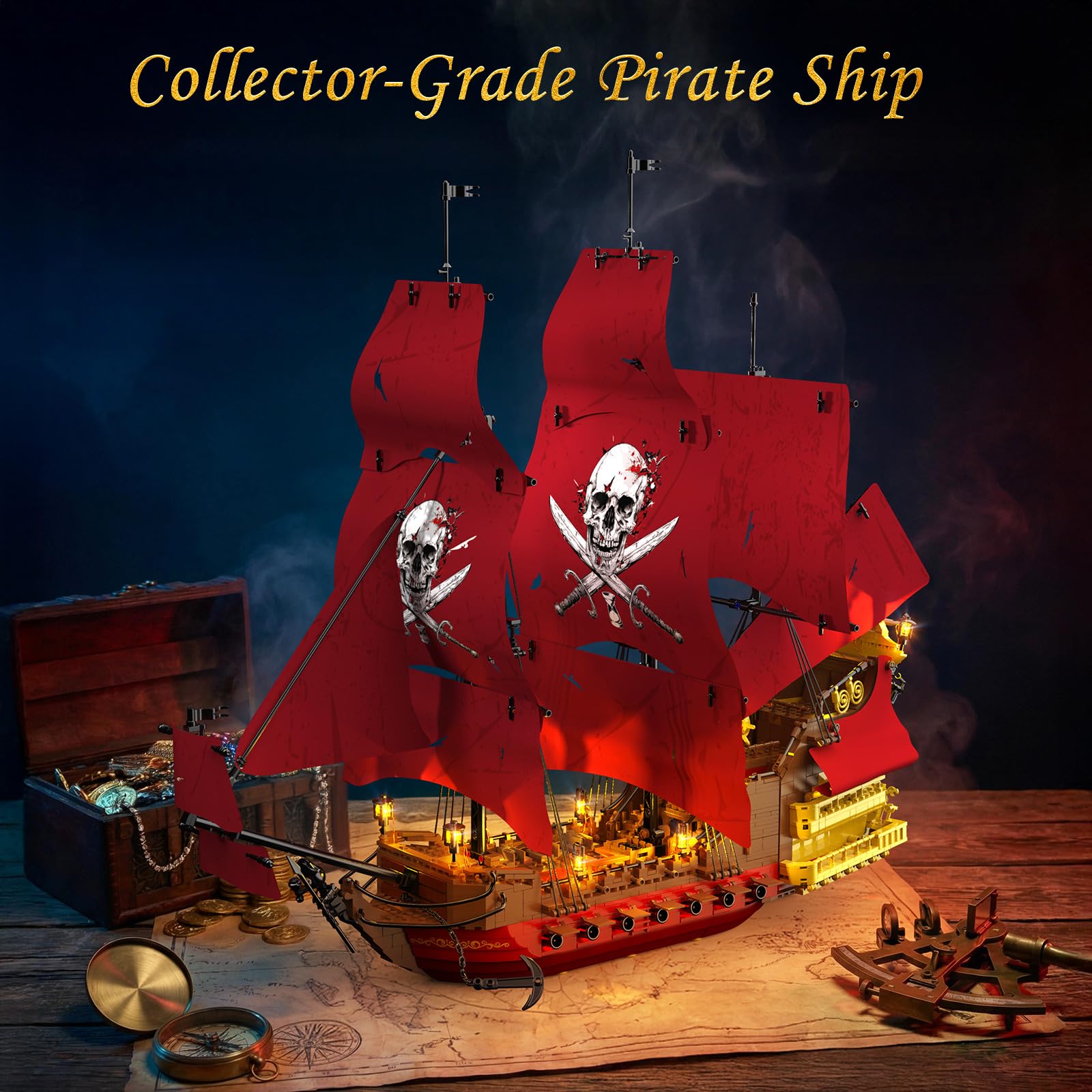 JMBricklayer Piratenschiff Klemmbausteine Erwachsene mit licht, Revenge Piraten Schiffe Bausteine Modell 40003, Groß Ausstellungs Bauspielzeug Dekor, Geschenk für Pirates Fans Kinder ab 14 Jahren