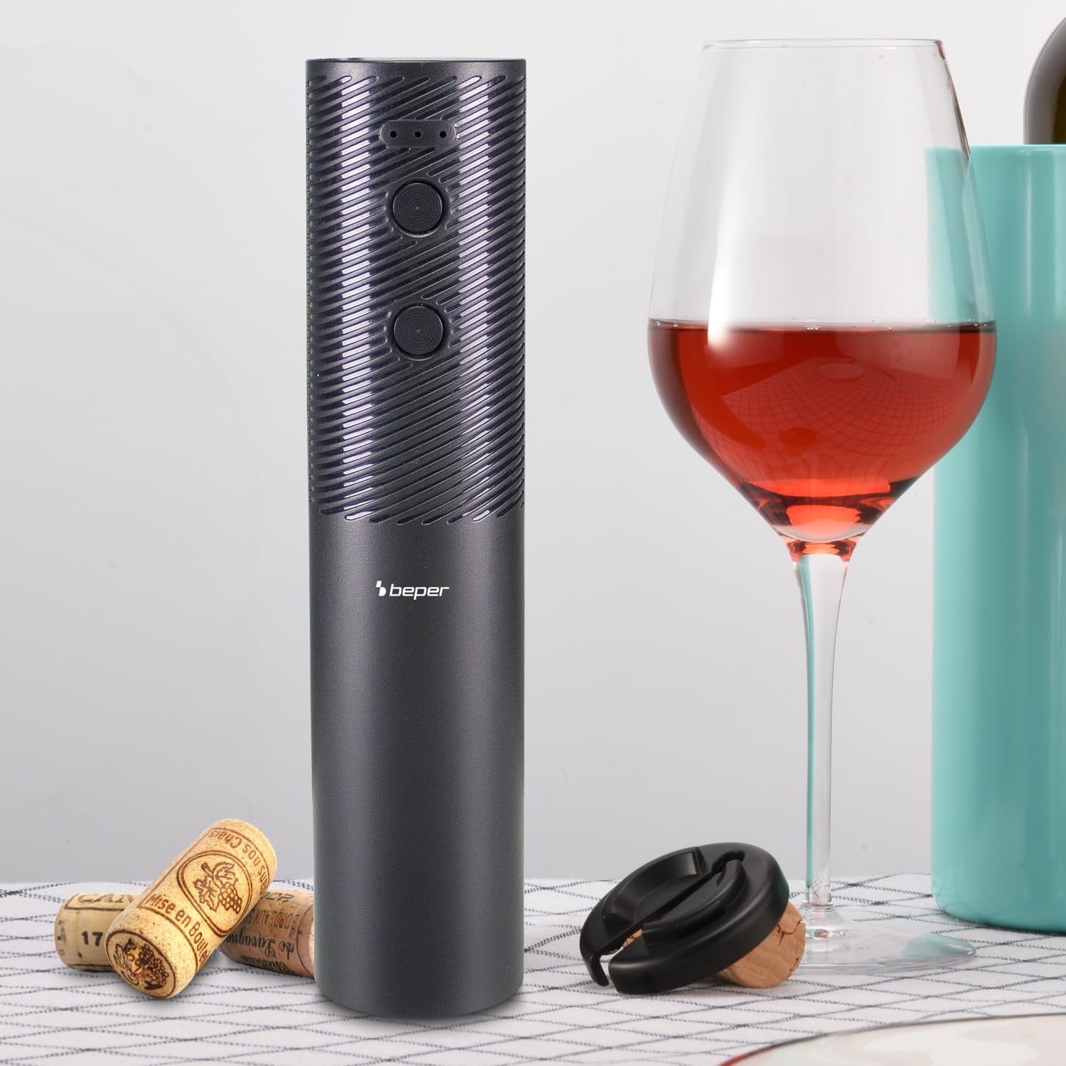 BEPER P102ACP103 Sacacorchos Eléctrico Recargable por USB, Abrebotellas de Vino, con Cortador de Láminas, para Corchos y Corchos Sintéticos