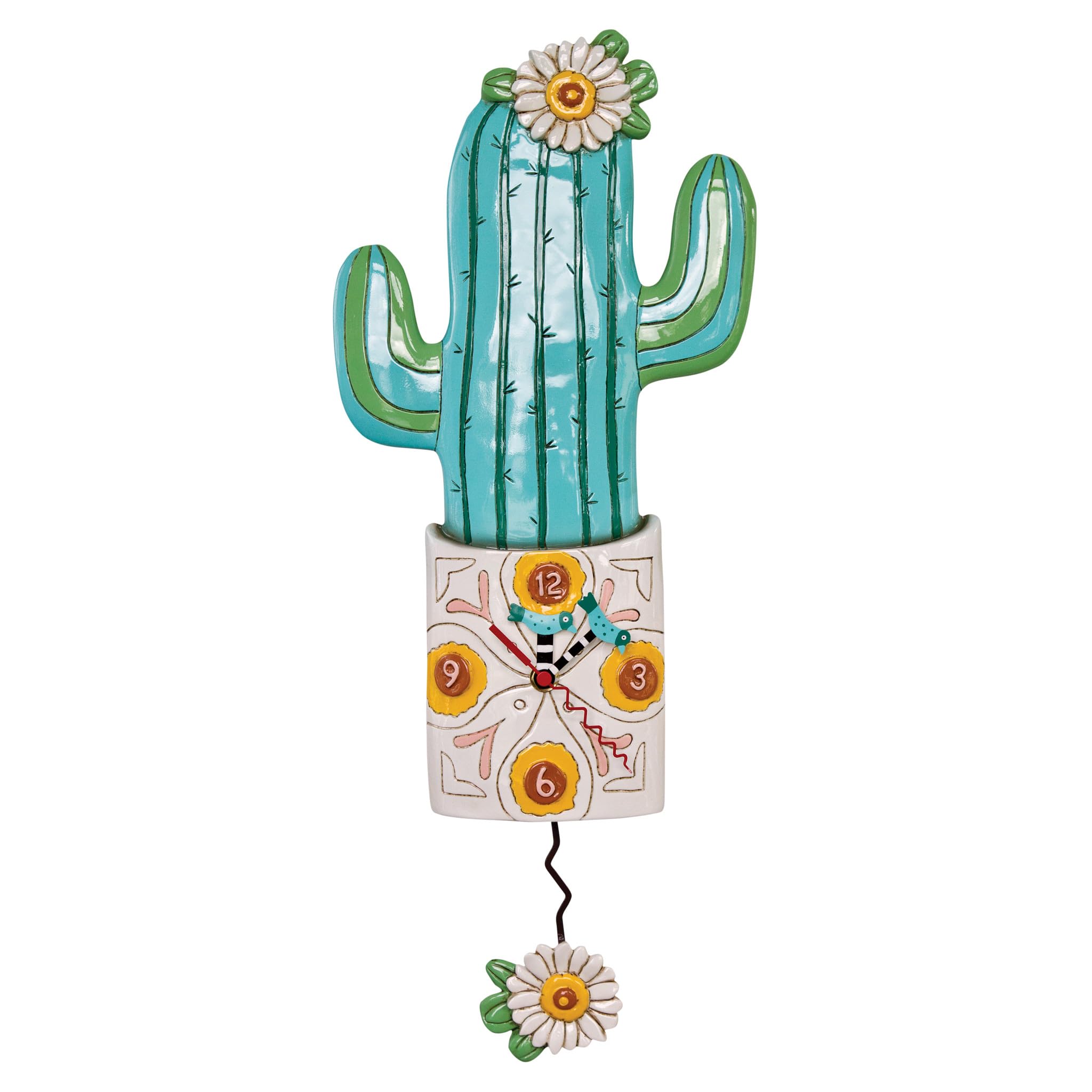 P1856 Whimsical Cactus Pendulum Wall Clock Desert Bloom