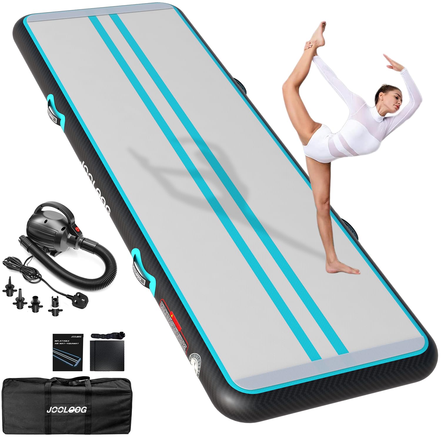 JOOLOOG Premium Inflatable Gymnastics Mat, Air Mat Tumble Track for Home Training, 4/8 Inch Thick Tumbling Mat with Pump Indoor Gymnastics Tumbling & Yoga,Water,Green Black, 6.6ft*3.3ft*4in