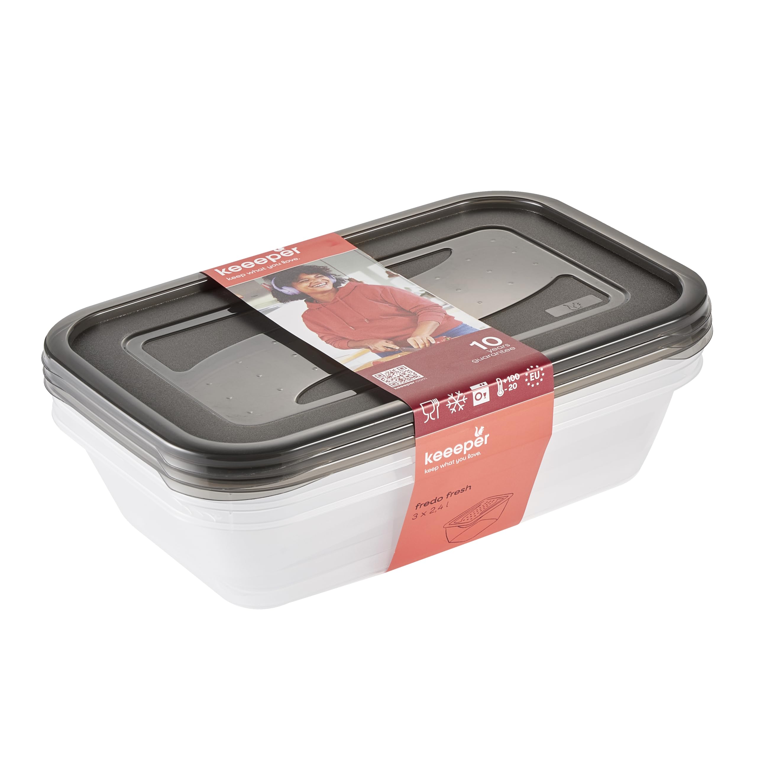 keeeper fredo fresh Frischhaltedosenset 3-teilig, 3 x 2,4 l, Crystal Grey (Transparent)