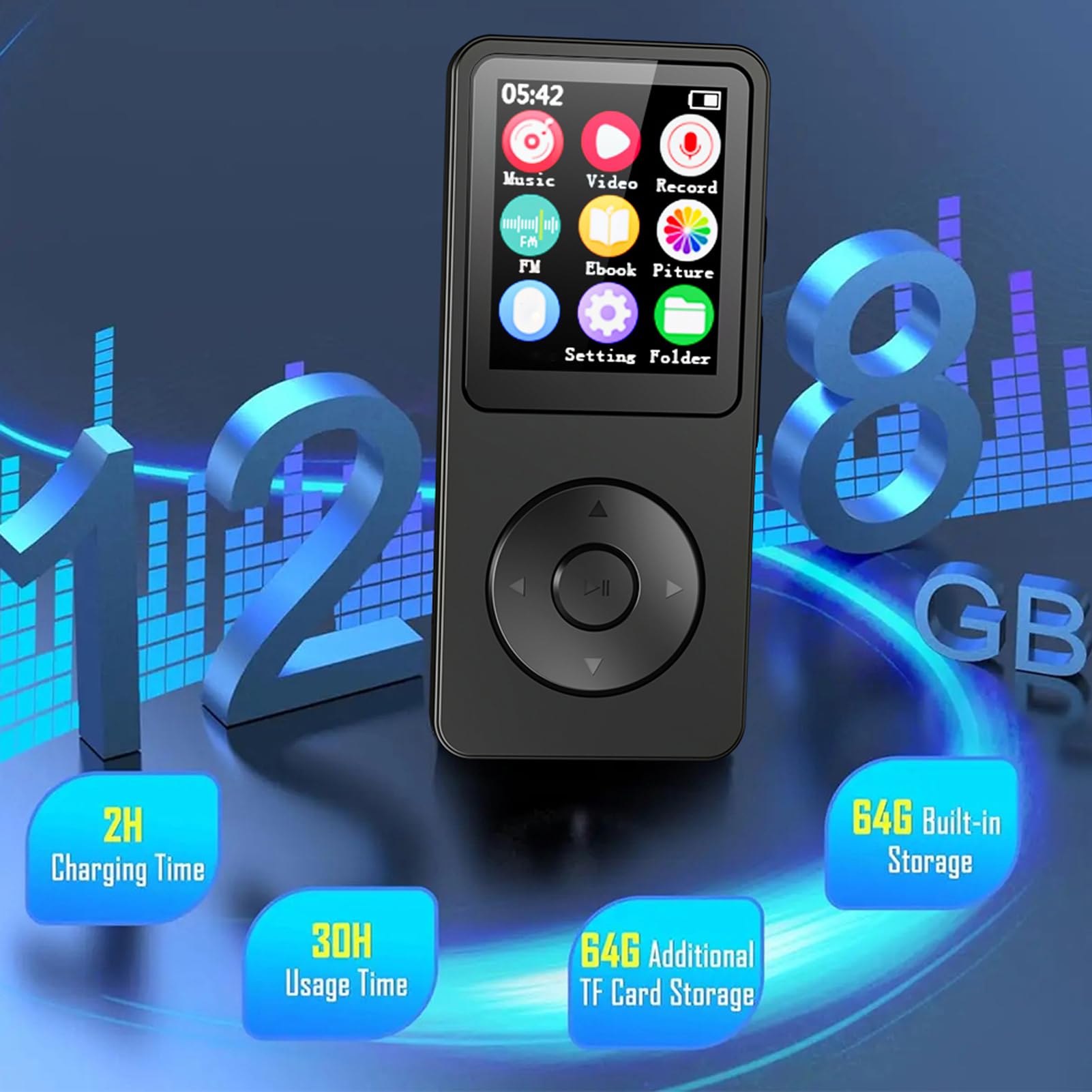 Sxhlseller Reproductor de MP3 Bluetooth 5.4 |Reproductor de Música HiFi LCD de 2,4" con FM, Grabadora de Voz y Memoria Ampliable para Deportes Al Aire Libre (con Tarjeta de Memoria de 128G)