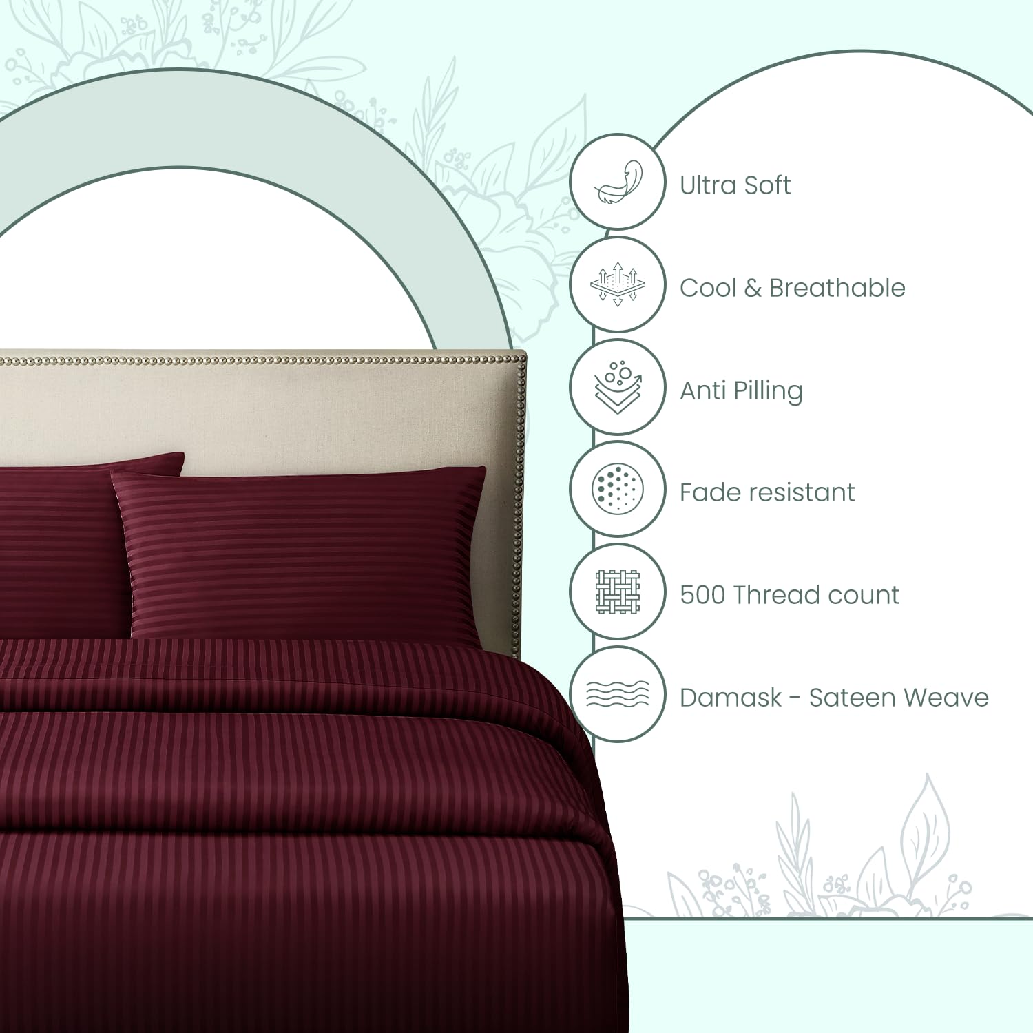 Feather & Stitch King Size Fitted Sheet - 500TC 100% Cotton Damask Sateen, Ultra Soft, 18" Deep Pocket For Mattress (Semolina Stripe)