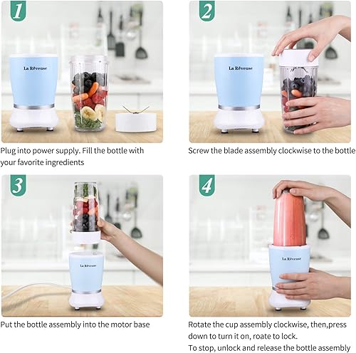 Miniatura 6 de La Reveuse Licuadora de tamaño personal de 250 W (azul cielo) + licuadora La Reveuse de una sola porción de 300 W (plateado)