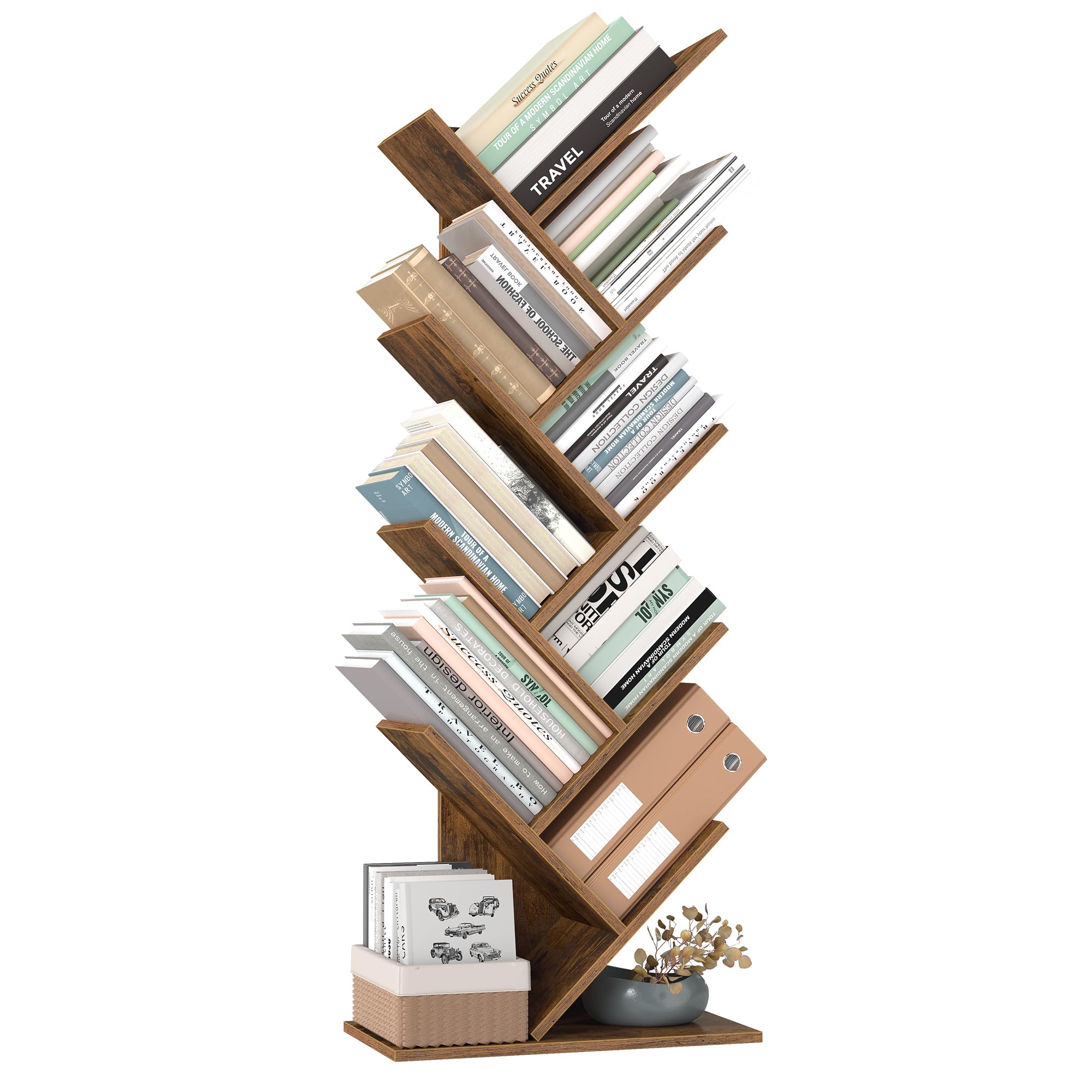 VASAGLE Bücherregal Baumform, Standregal 9 Ebenen, Eckregal platzsparend, Aufbewahrungsregal für Schlafzimmer, Wohnzimmer, Homeoffice, vintagebraun LBC11BX