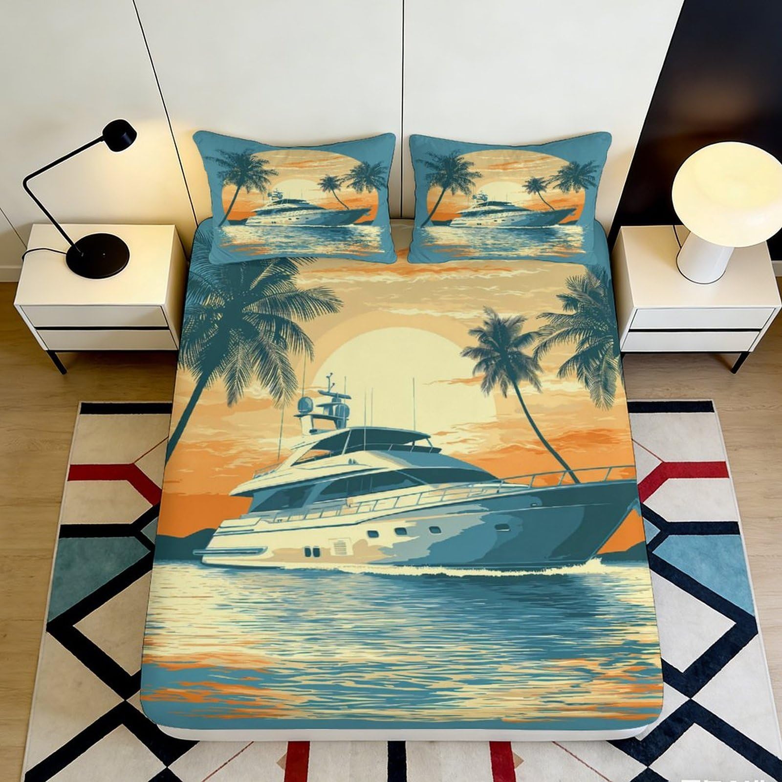 3D Printed Sunset Yacht Fitted Sheet Microfiber Soft Breathable Palm Tree Bed Cover for Bedroom Guestroom Decor 90x200x25cm