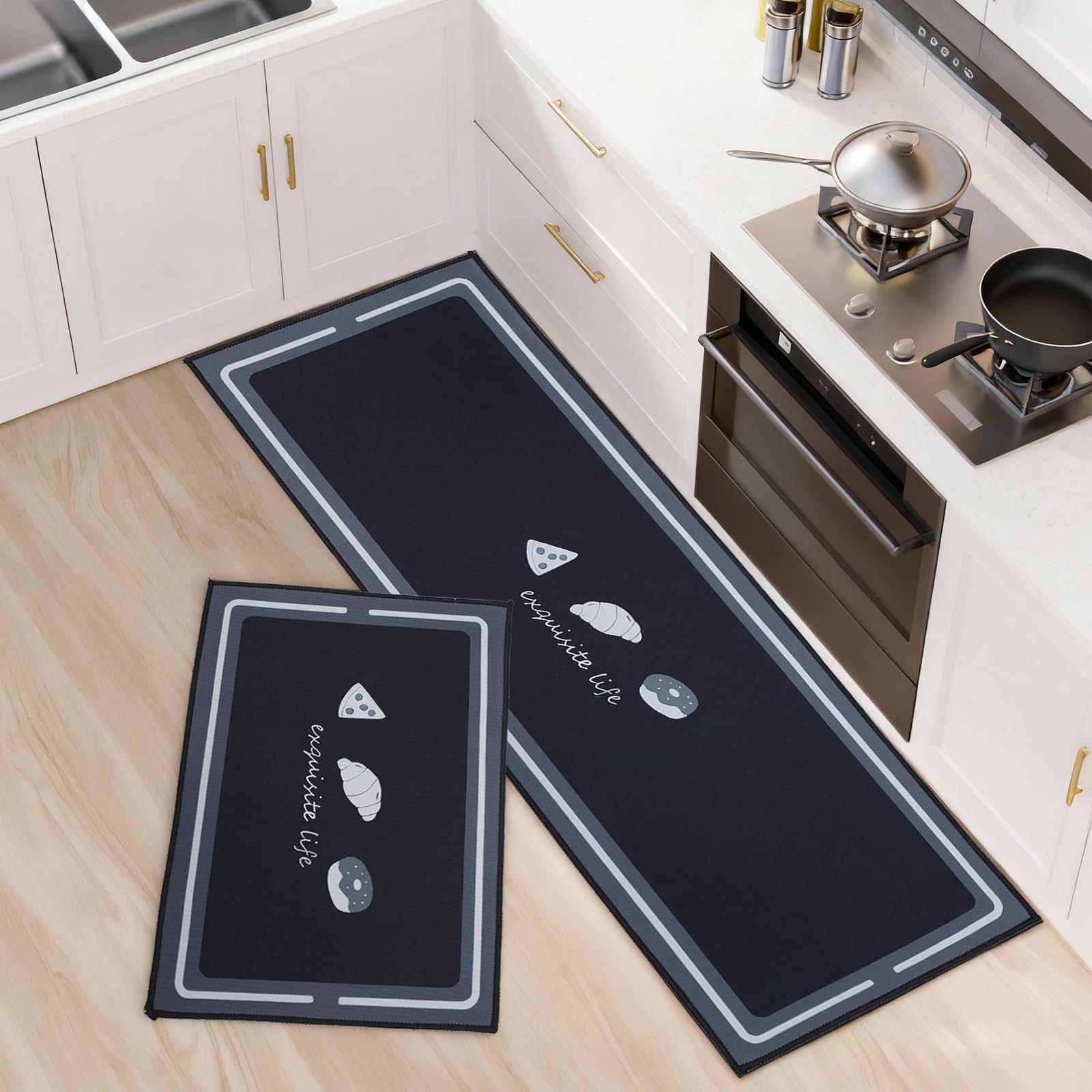 OPLERT 2 Pieces Kitchen Mats and Rug Set, Non-Slip Washable, Water-absorbent, for Kitchen, Laundry, Hallways,Black,43x75+43x150cm